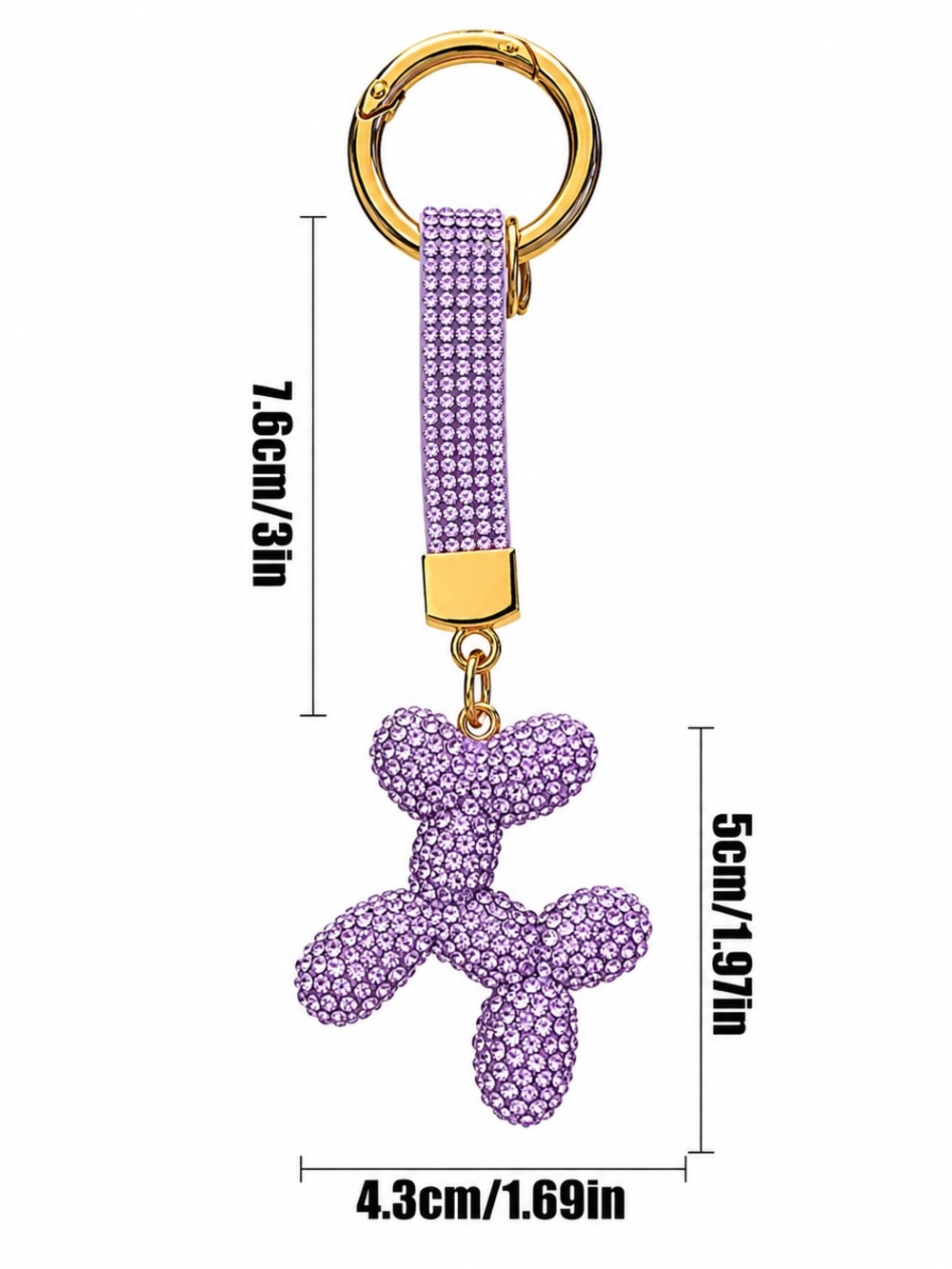 Purple Crystal Balloon Dog Keychain w/Matching Crystal Strap - Picture 3 of 3